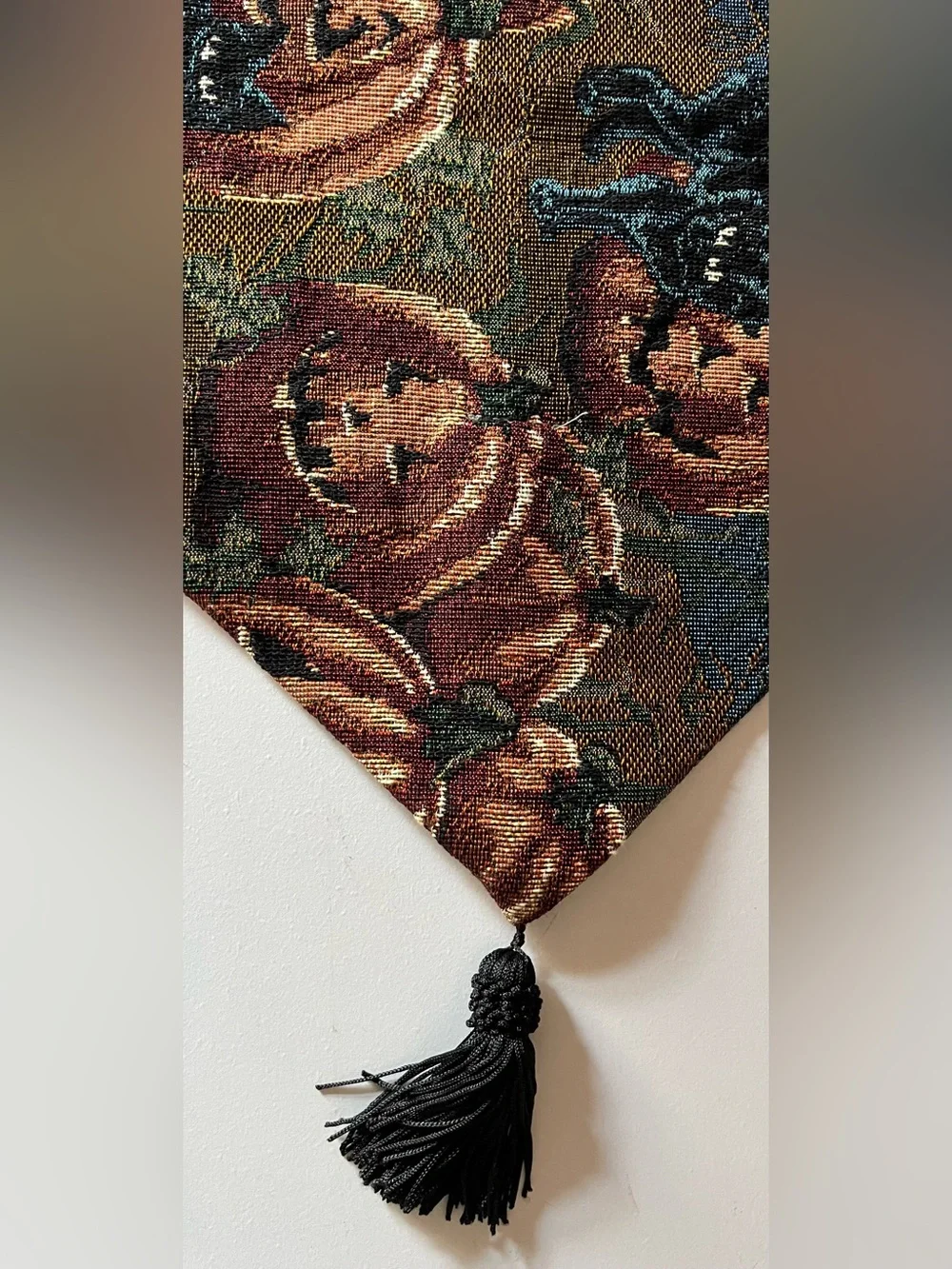 Vintage Pumkatz Halloween Tapestry Table Runner 13x72 Pumpkin Black Cat tassels